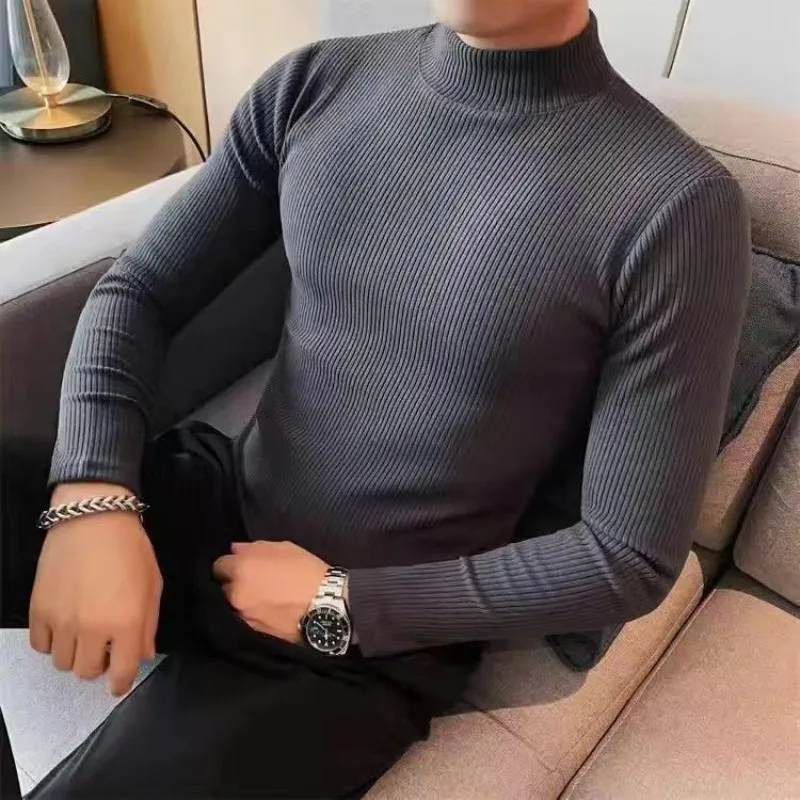 Men Fleece Lined Rib Striped Sweatshirts Half-neck Collar Solid Classic Slim Fit Business T-Shirt Elastic Pullover Men Clothing