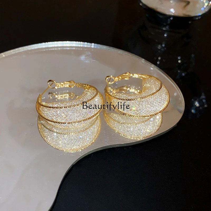 

Light Luxury Gold Mesh Crystal Earrings, Niche Earrings, Advanced