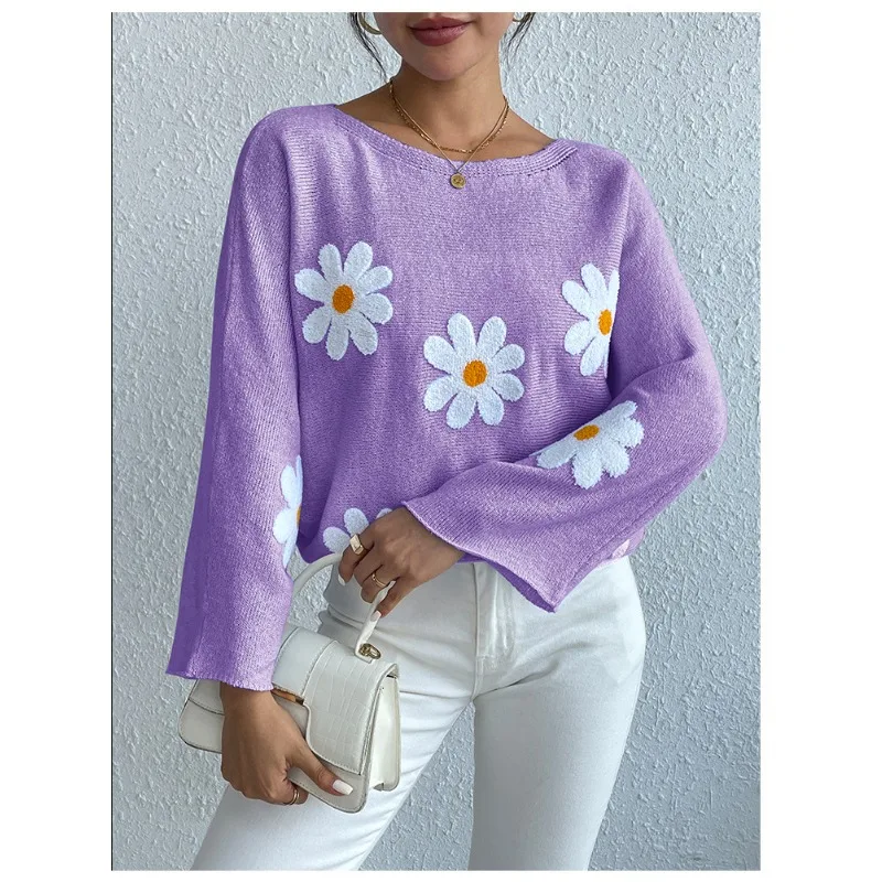 New Spring Women's Embroidered Flower Decor Casual Loose Bat Sleeves Knitted Top Temperament Commuting Female Fashion Pullovers