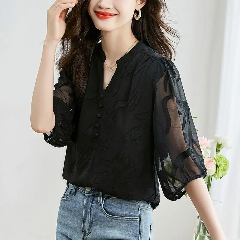 V-Neck Half Sleeve Solid Color Button Pullover Chiffon Women\'s Summer T-shirt Elegant Clothing Office Lady Distressed Tops