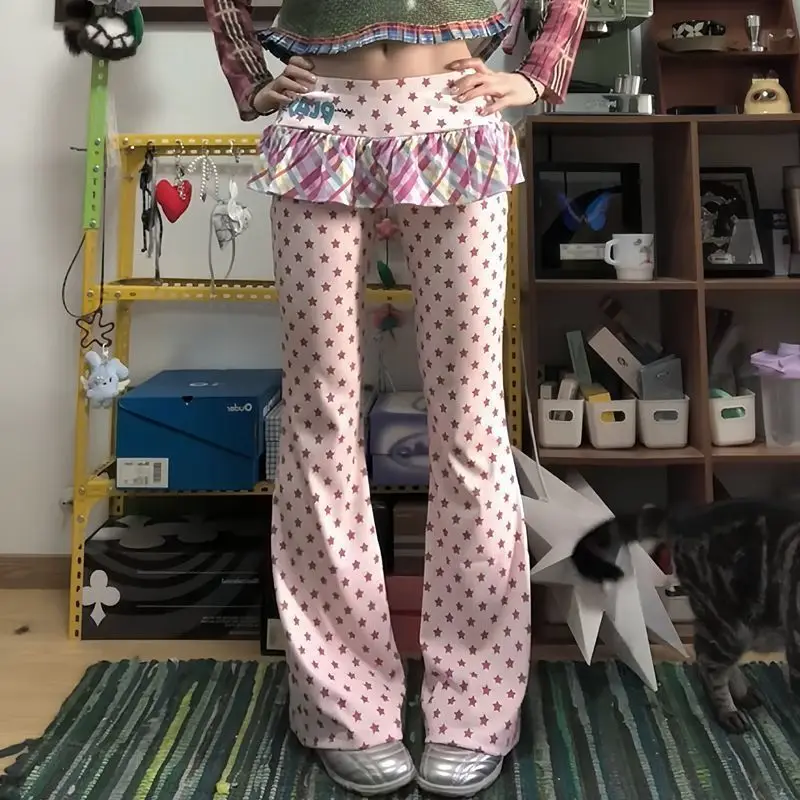 Y2K Sweet Ruffles Patch Skinny Pants Cute Pink Stars Graphic Bootcut Jeans High Waist Long Trouser 2000s Grunge Young Girls Slim