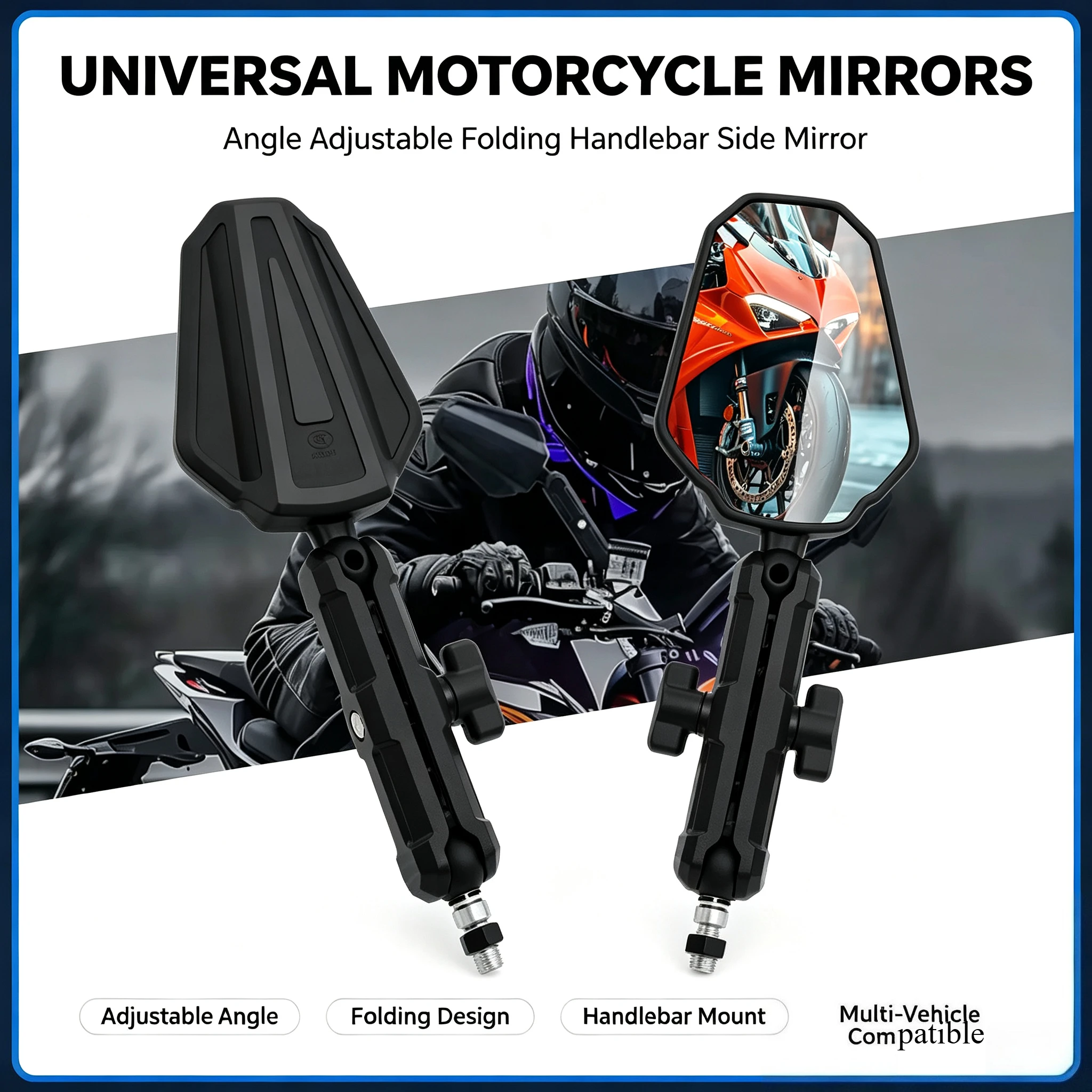 Universal Motorcycle Mirrors Angle Adjustable Folding Handlebar Side Mirror Compatible with Adventure Dirt Street Bike ATV