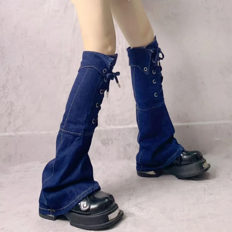 Womens 80s Punk Denims Flared Leg Warmers Lace Up Bandages Front Boot Covers Grunge Leg Sleeves Long Socks Streetwear