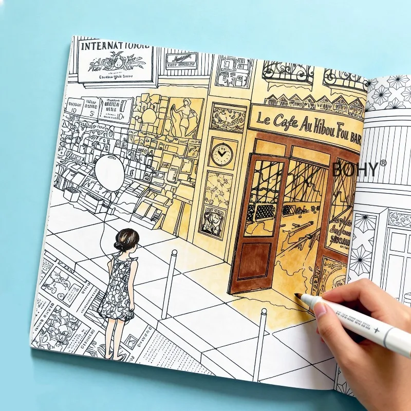 1 Adult Decompression Coloring Album, Include Themes Such As Mechanical Gears, European Town Streetscapes, Cherry Blossom Trees