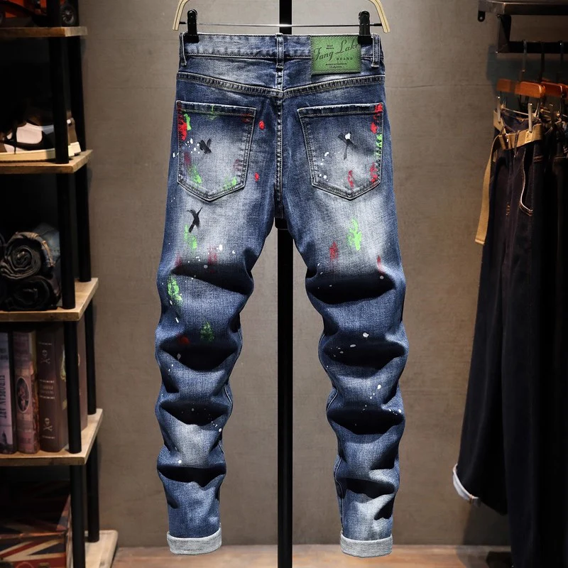 Street Designer Fashion Men Jeans Retro Blue Stretch Slim Fit Painted Ripped Jeans Men Hip Hop Vintage Y2K Denim Pants Hombre