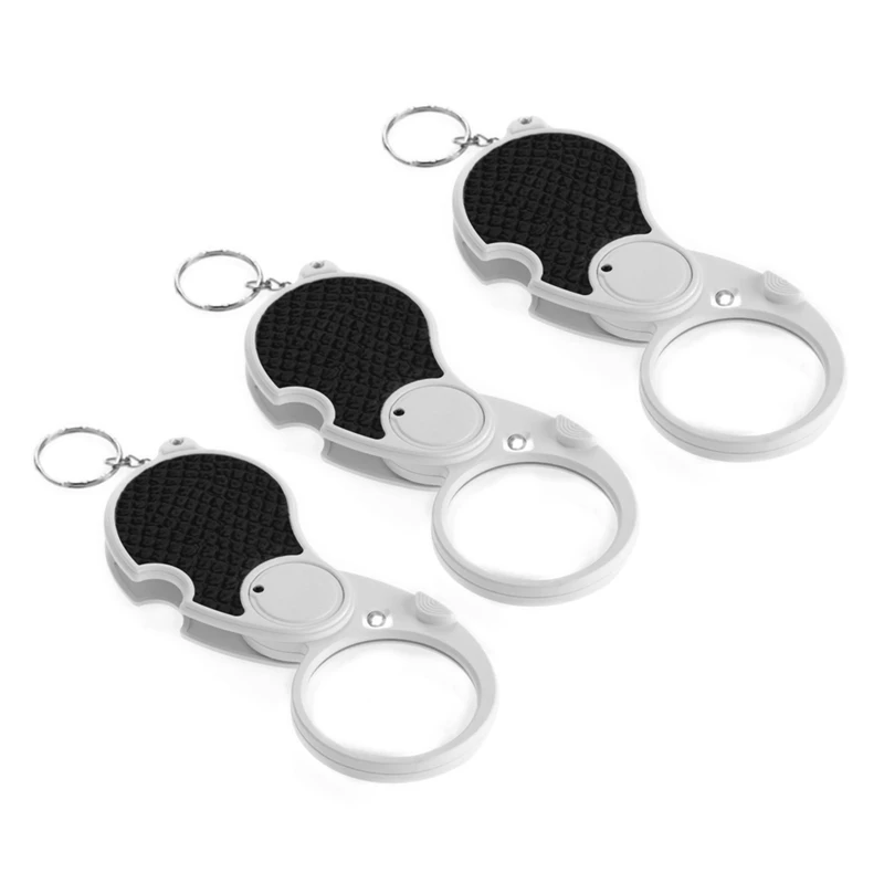 3Pcs 5X Trade Loupe Magnifying Glass With LED Lamp Pocket Magnifier Portable Folding Keyring