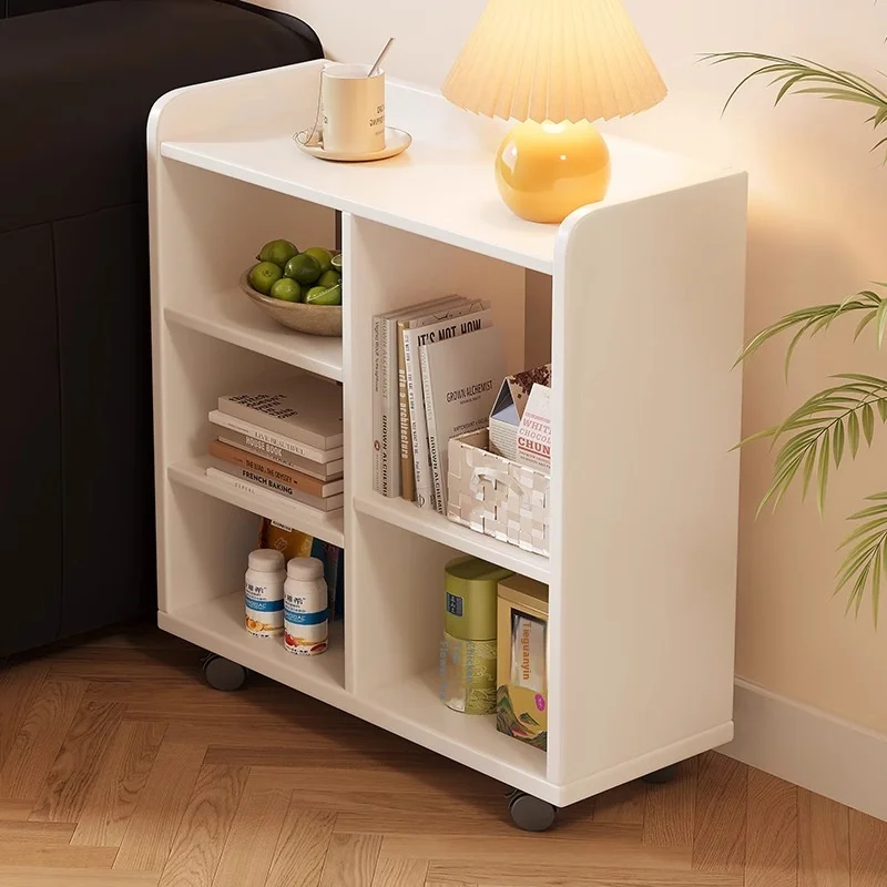 

Small Multi-function Living Room Storage Rack Solid Wood Movable Side Table Roller Modern Design Bookshelf Multi-layer Storage