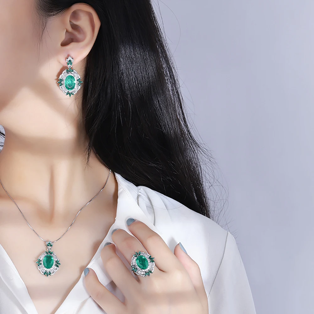 2022 Trend 10*14 Emerald Gemstone Necklace Pendant Ring Earrings Women\'s Luxury Wedding Party Fine Jewelry Set Anniversary Gift