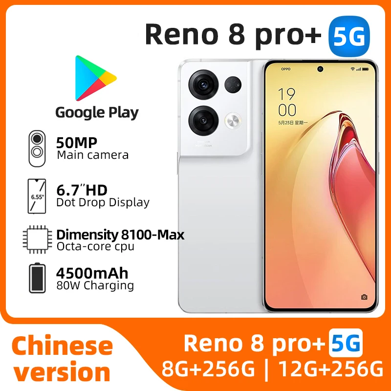 Oppo Reno 8 Pro plus 5g Smartphone 6,7 Zoll oled 120Hz Bildschirm 80w Super Vooc 4500mah Android 12 Coloros 12,1 otg gebrauchtes Telefon