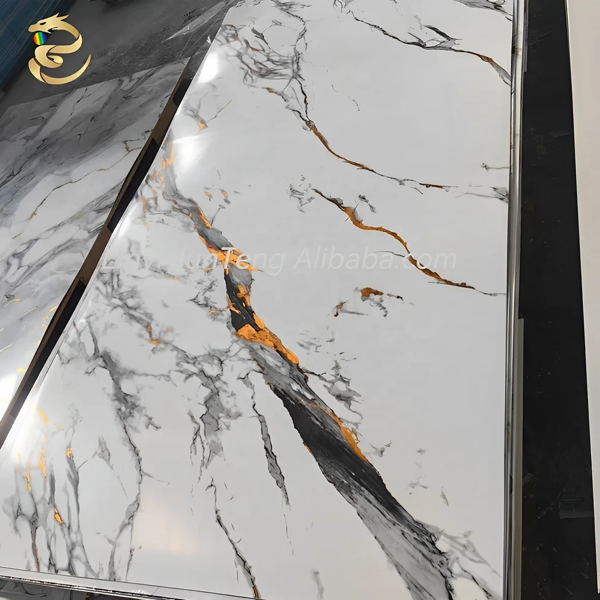 2026 Gilt High Glossy Custom Marble Alternative PVC Wall Panels UV Marble Sheetpromote sales