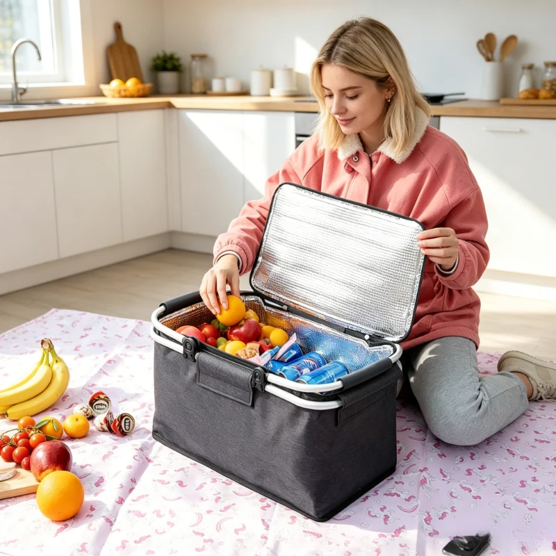 Foldable Large Capacity Insulated Picnic Bag, Portable Handheld Cooler Bag, Thermal Lunch Box for Camping, Travel & Food Storage