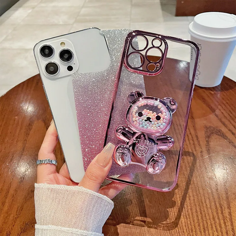 For GalaxyA04 Luxury Gradient Glitter Plating Bear Holder Phone Case For Samsung Galaxy A04 A04e Silicone Back Cover Galaxy 04