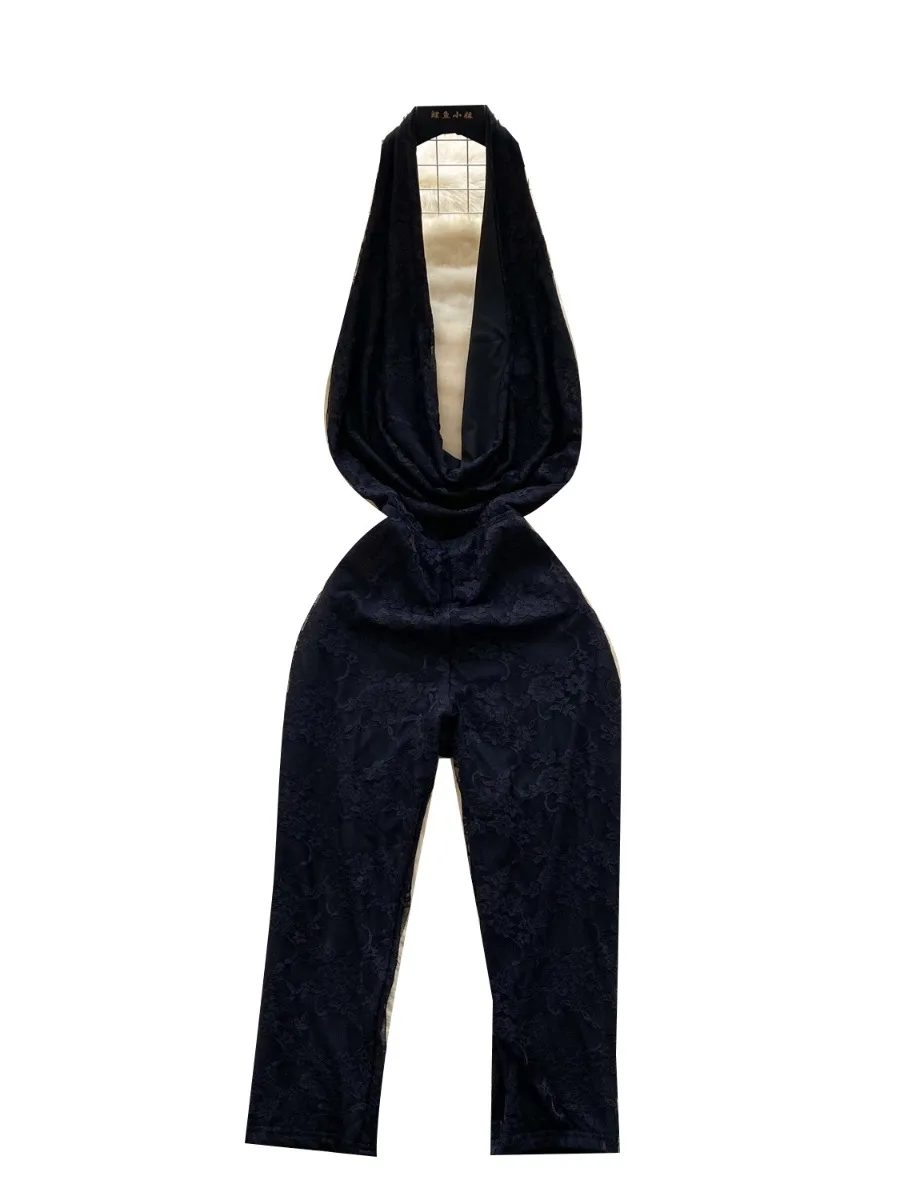 Foamlina 2025 ฤดูร้อนสาวเซ็กซี่ร้อน Cowl คอ Halter สายคล้องลูกไม้กางเกง Jumpsuit ยุโรป High Street ร้อนผู้หญิง bodysuit