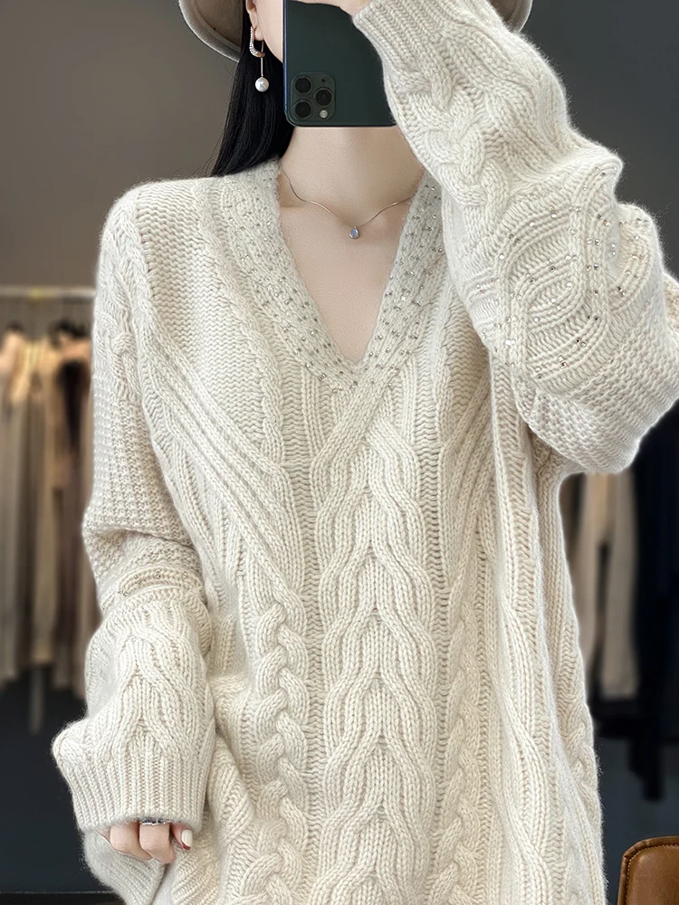 Autumn Winter Cable Stitch V-Neck Simple Comfortable Soft 100% Merino Wool Sweater Knitwear Women's Casual Cashmere Pullover