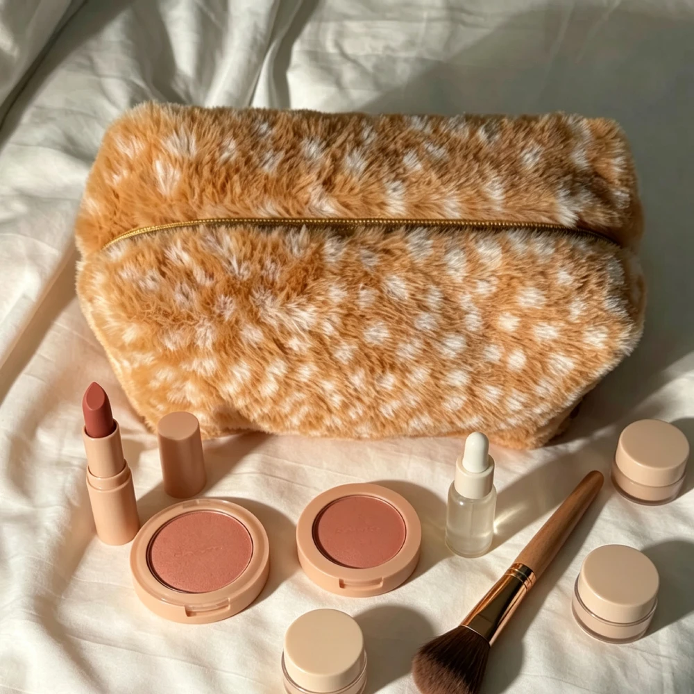 Makeup Storage Bag,Deer/Elk Fluffy Plush Leopard Print Cosmetic Organizer Pouch,Women Fall/Winter Toiletry Case,Clutch Purse