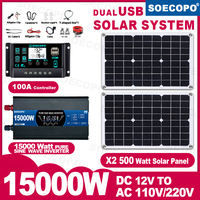 SOECOPO 15000W Portable Solar Kit Pure Sine Inverter 12V To 110V 220V 2*500W Panels and 100A Controller for Home Balcony Power