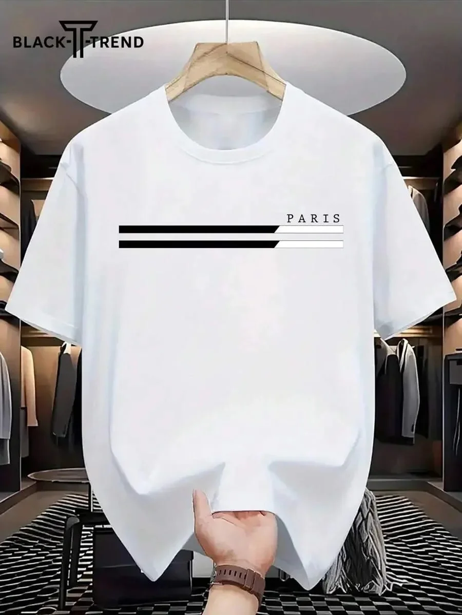 

Мужская хлопковая футболка с минималистичным парижским текстом и черно-белой полосой, брендовая уличная футболка с принтом, Новое поступление, S-4XL