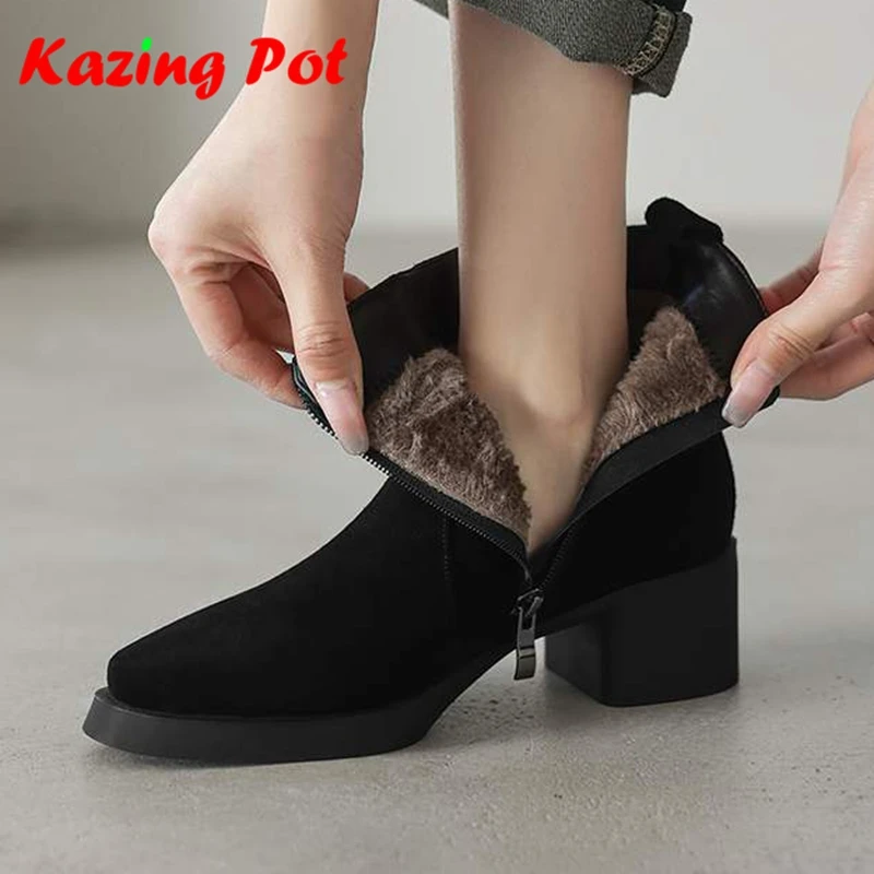 Krazing Pot Plus Size 42 Cow Suede Round Toe Med Heels Wool Blend Zipper Chelsea Boots Winter Shoes Fur Keep Warm Ankle Boots