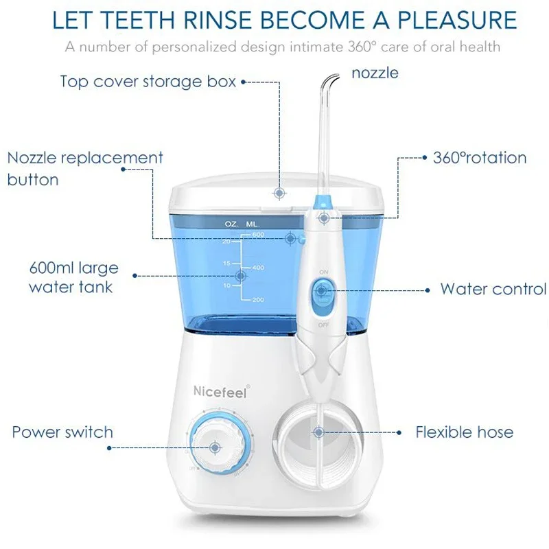 Nicefeel Water Flosser Dental Jet พร้อมถังขนาด 600 มล. และหัวฉีด 7 อัน