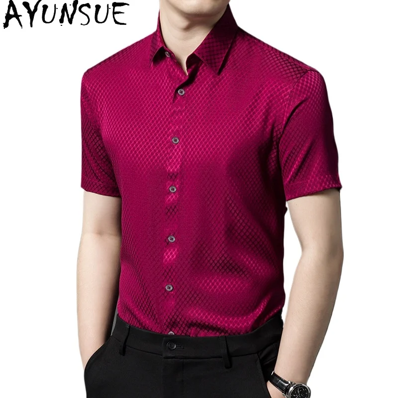AYUNSUE 92% Mulberry Silk Shirts for Men Summer 2026 Casual Tops Fashion Short Sleeve Shirt Man Clothes Streetwear Chemise Homme