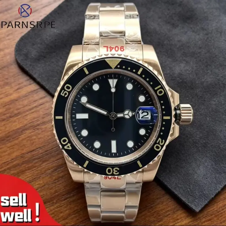 

PARNSRPE 40mm Rose gold case Luxury business men's style Transparent bottom cover waterproof sapphire Luminous dial