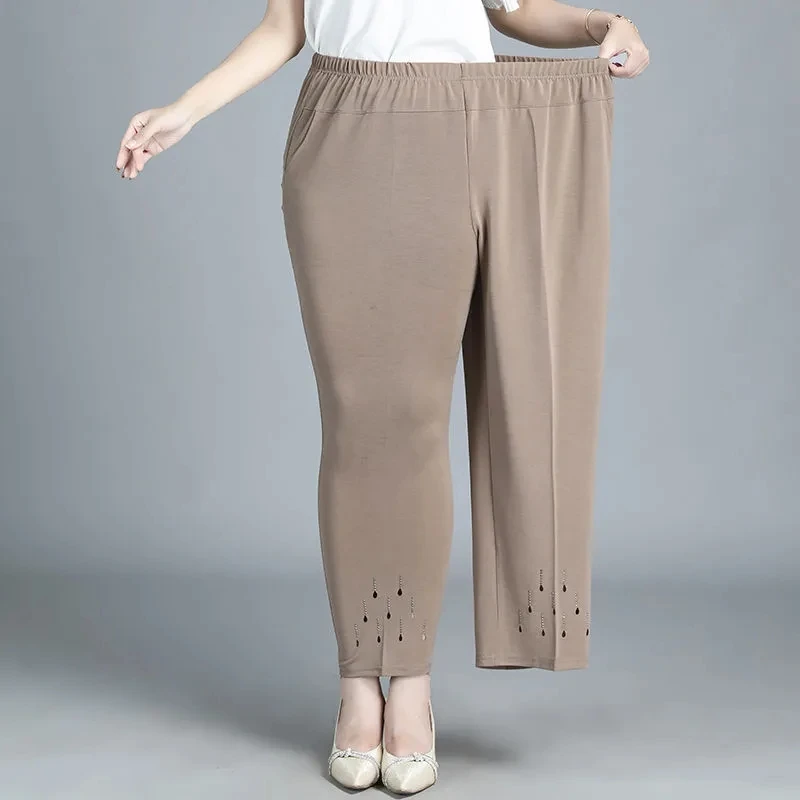 6XL 7XL 8XL Middle-aged Elderly Women's Pants Spring Summer Elastic Waist Mother Trousers Large Size Solid Casual Straight Pants