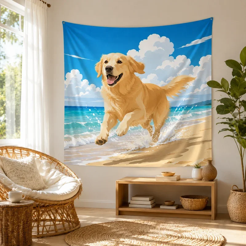 VIKAMA Pop Art Cute Pet Tapestry, Smiling Golden Retriever Wall Hanging, Decorative Tapestry for Living Rooms and Bedrooms