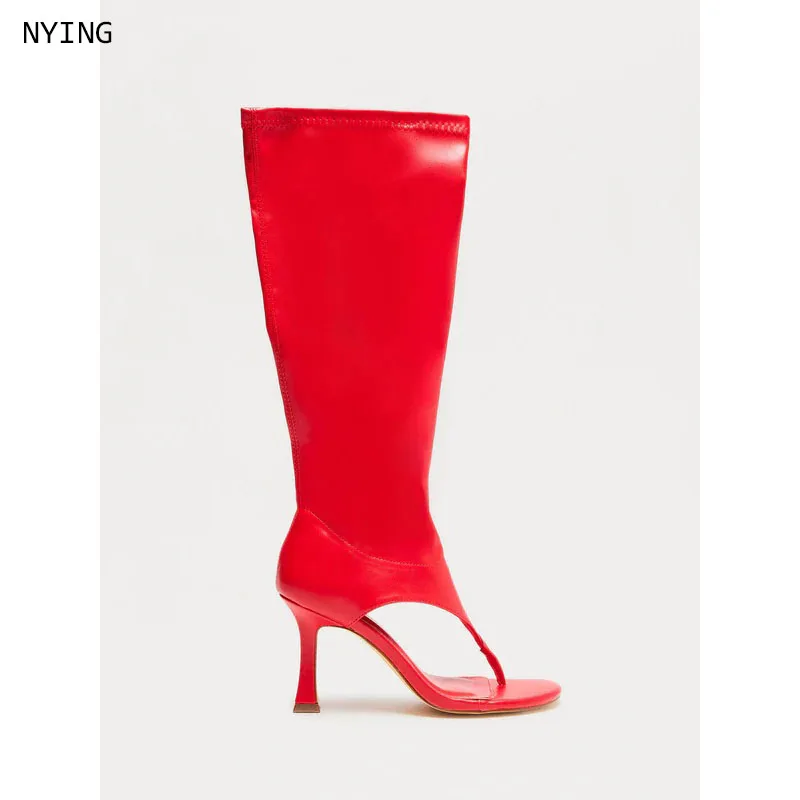 2026 Sexy Pu Peep-Toe Knee-High Sandals Fish Mouth Clip Toe Mid Boot Fashionable Thin High Heel Side Zipper Women's High Heels