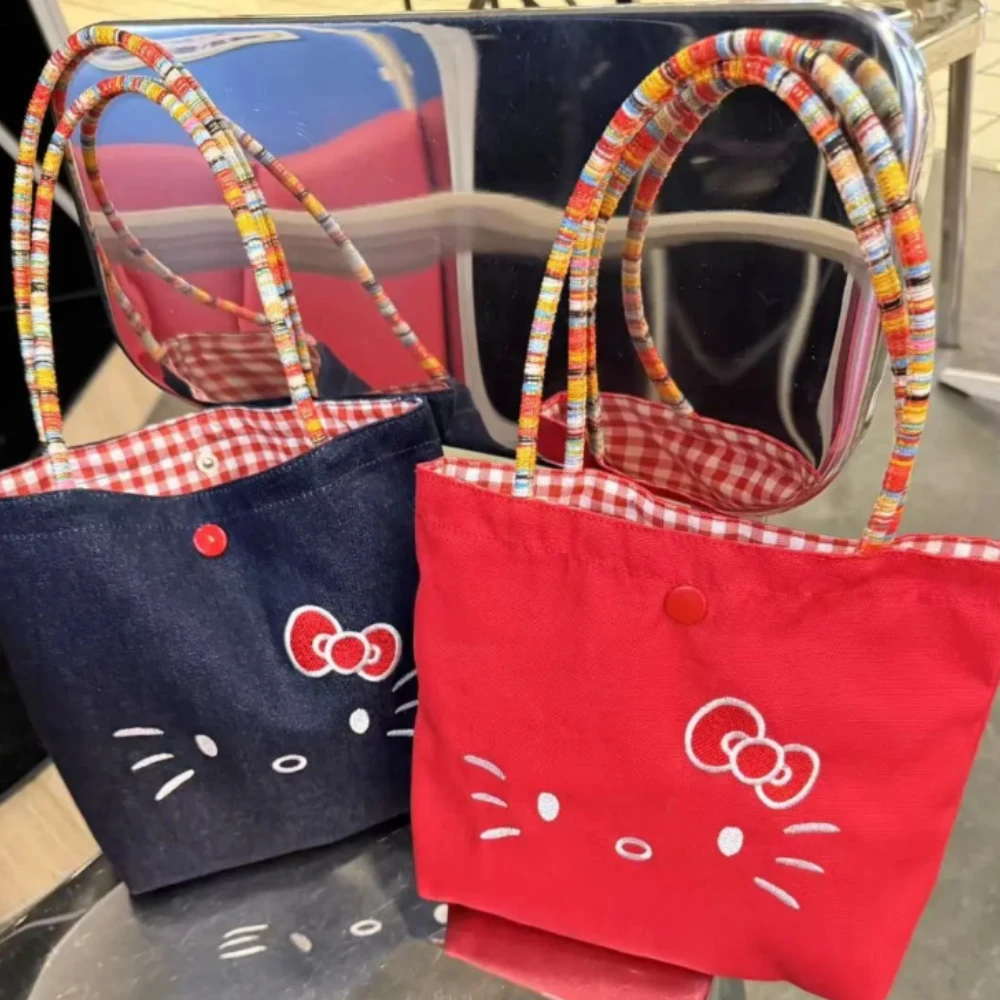 

Новая женская сумка Hello Kitty, милая сумка с вышивкой, портативная сумка контрастного цвета для хранения, сумка Sanrio, модная женская сумка-тоут