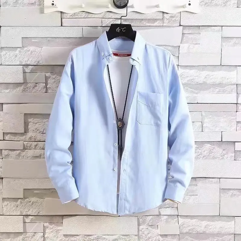 Men's Spring Autumn Oxford Cloth Long Sleeve Workwear Shirt Casual Loose Fit Square Collar Business Casual Outerwear