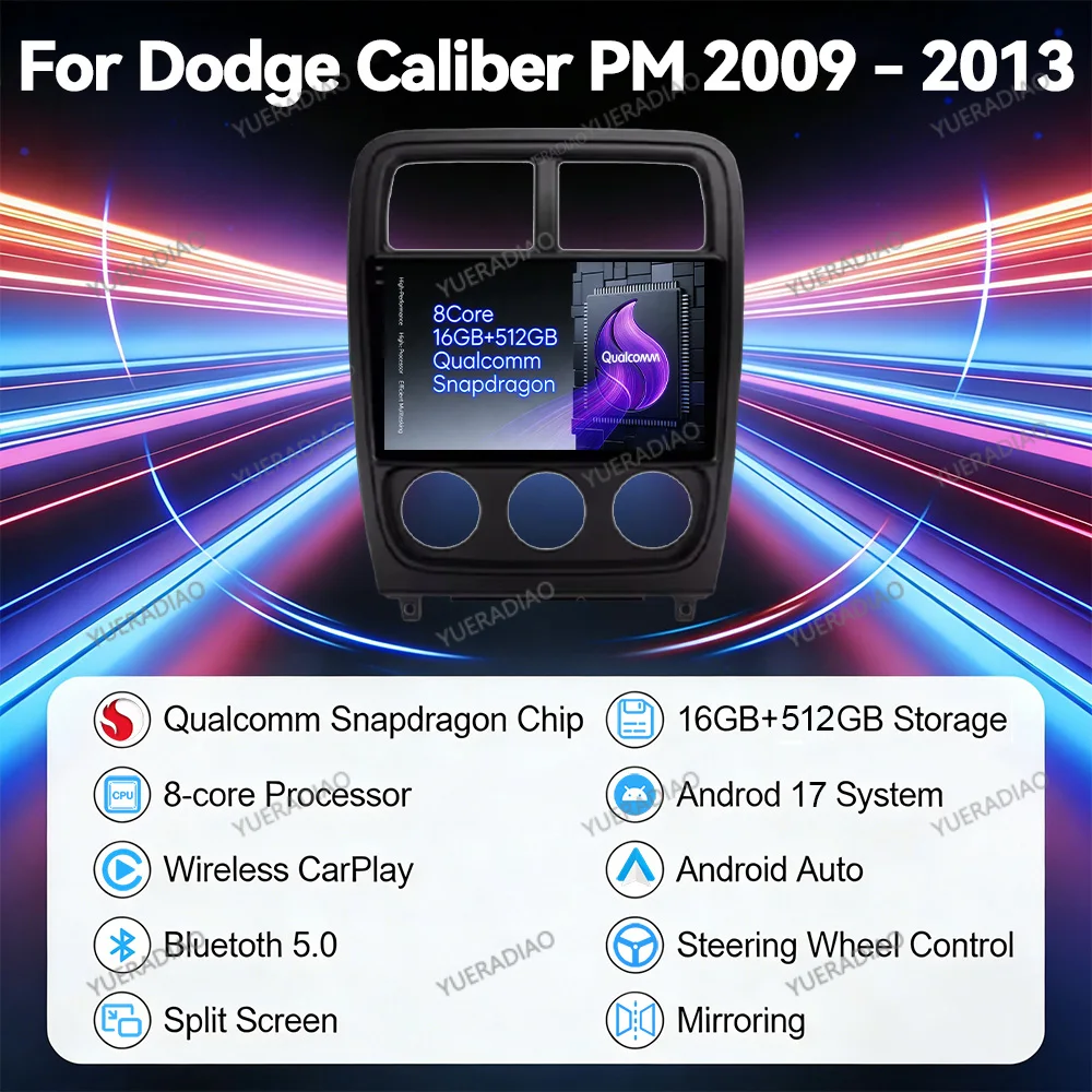 Android 17 Car Radio For Dodge Caliber PM 2009 - 2013 Head Unit Qualcomm GPS NAVI QLED BT Multimedia Video Player 2DIN 4G WIFI
