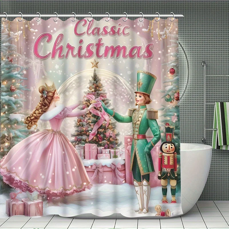 1/4pcs Merry Winter Decoration Set, Christmas Tree Gift Fairy Nutcracker Cute Pink Shower Curtain, Chri