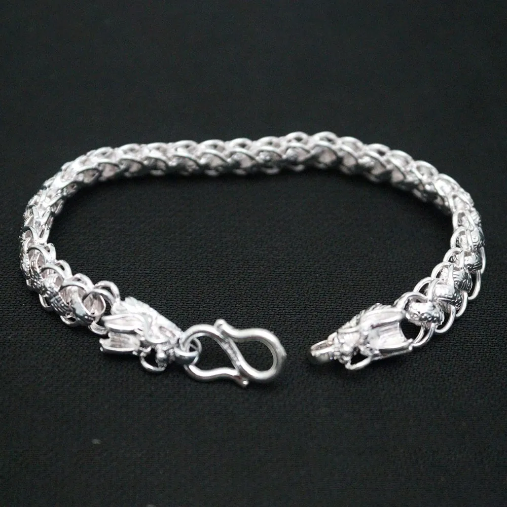 

Real Pure 999 Fine Silver Chain Men Dragon Head Circle Link Bracelet 19-20g/19cm