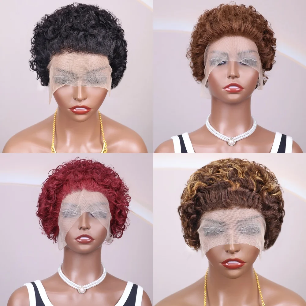 ピクシーカットウィッグ人毛チョコレートブラウンハイライトバーガンディカーリーボブウィッグ13x1HDレースフロントウィッグディープウェーブショート格安ウィッグ