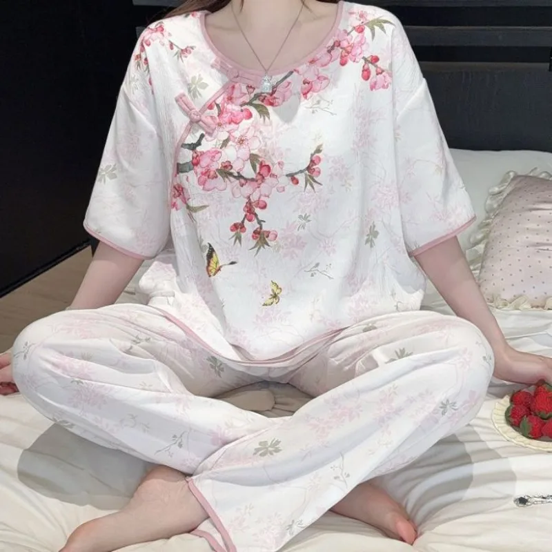 Chinese Style Pajamas Women's Summer Thin Cloud Cotton Short-sleeved Trousers Home Clothes Loose Loungewear Can Be Worn Outside