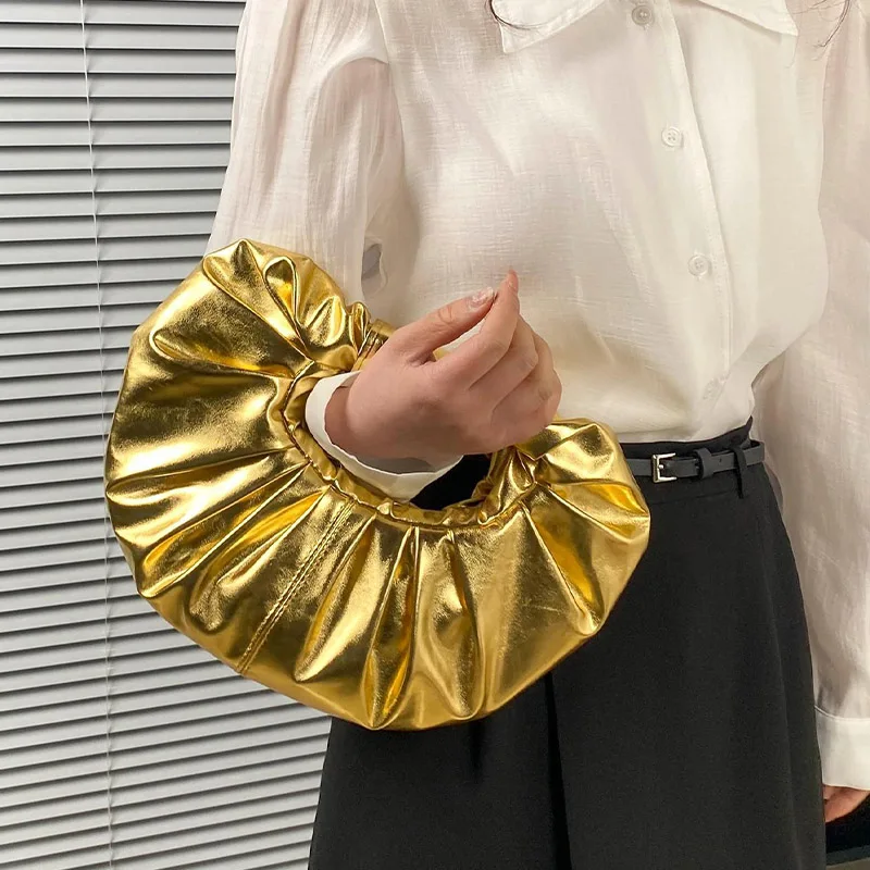 

Candy color women's retro metal PU pleated clutch bag new fashion luxury design hobo trendy silver handbag handbag three-way bag