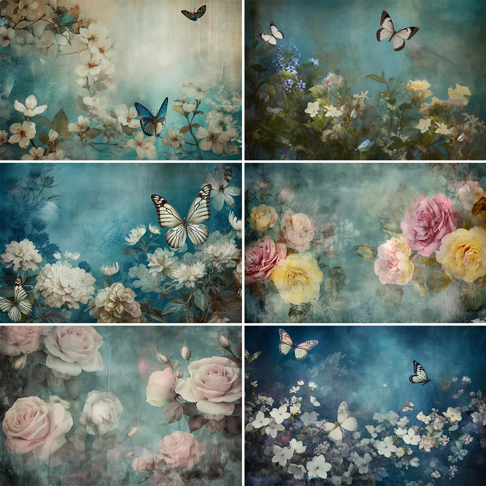 

Abstract Art Retro Photography Background Blue Flower Butterfly Decoration Newborn Birthday Portrait Photo Backdrop Studio Props