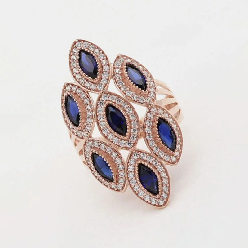 585 Purple Gold Classic Sapphire Rings for Women Plated 14K Rose Gold Blue Gem Horse-eye Pointed Engagement Ring Fine Jewelry