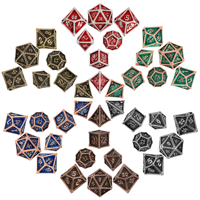 

7pcs/set DND Metal Polyhedral Dice with Dragon Pattern Table Board Role Play Gaming Accessory Large Size Dice with Storage Bag
