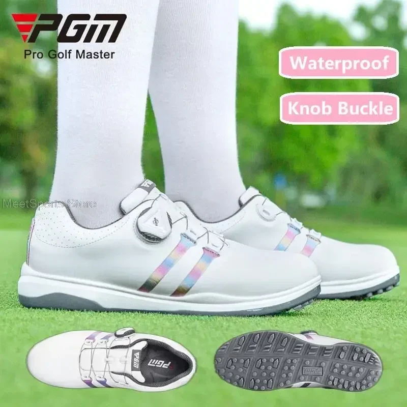 Pgm Women Golf Shoes Waterproof Lightweight Knob Buckle Shoelace Sneakers Ladies Breathable Non-Slip Trainers Athletic Shoes