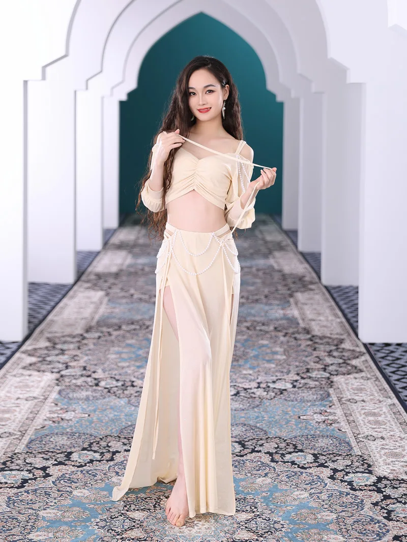 Belly Dance Court Style lantern Practice Clothes Pearl Mmbellishment Hollow High Slit Sexy Long Skirt Stage Performance
