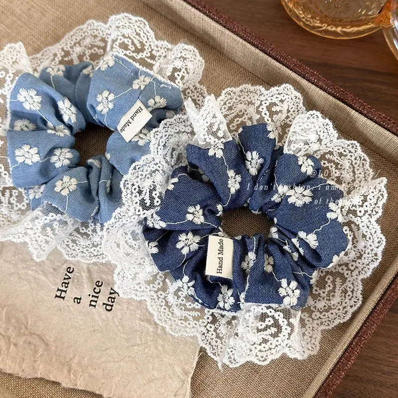 New Style Denim Made Embroidered Lace Large Size Hair Ties Women\'s Korean Fragmented Flower Hair Scrunchies  Accessories 1pc