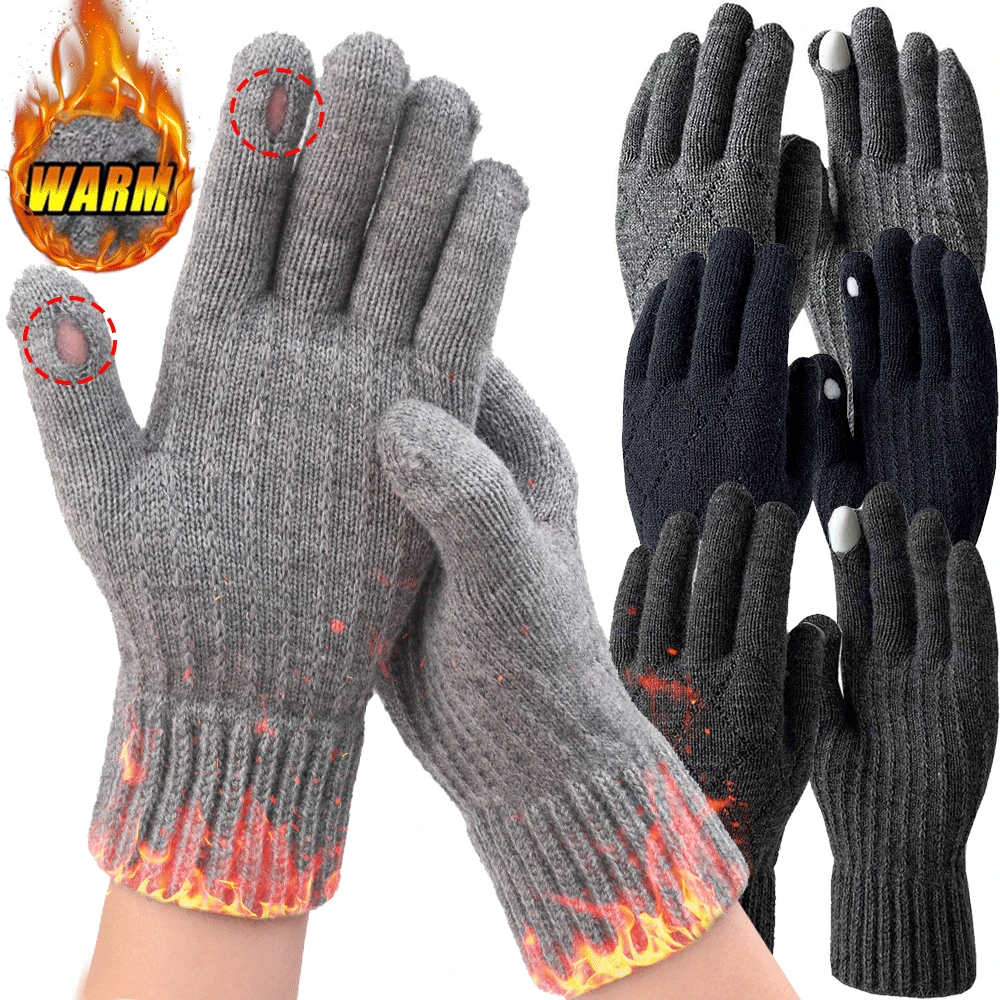 Women Men Warm Winter TouchScreen Gloves Stretch Classical Knit Mittens Wool Full Finger Outdoor Cycling Driving Glove