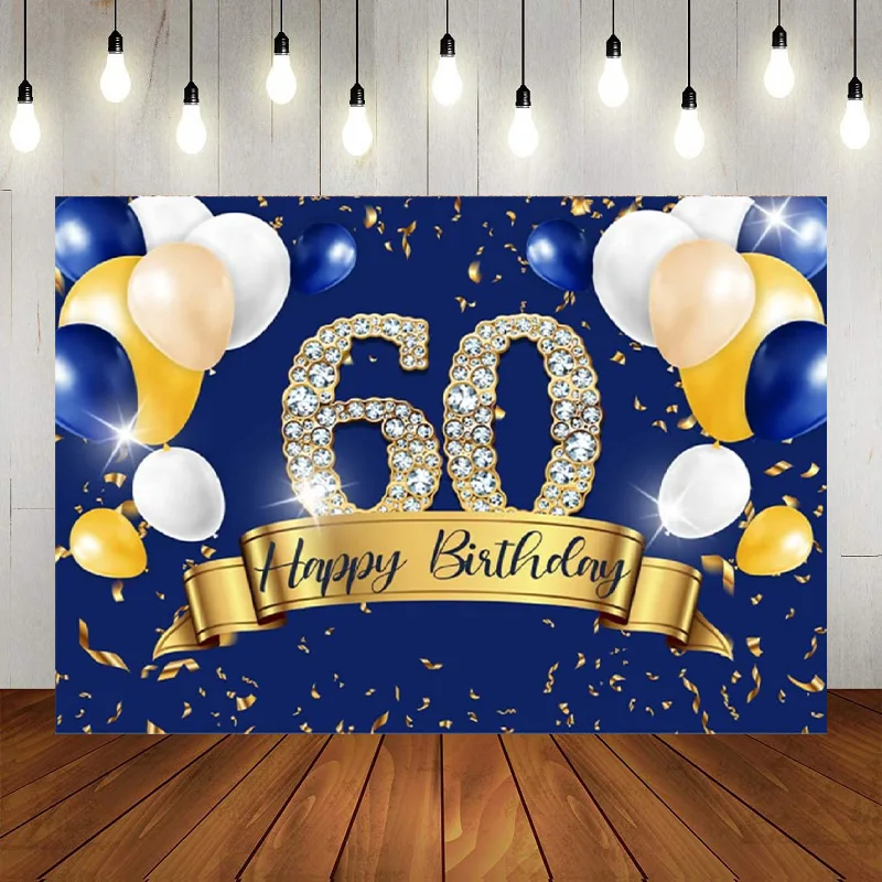 

Happy 60th Birthday Party Backdrop Navy Blue Gold Balloon Men Sixty Photography Background Glitter Diamonds 60th Banner Decor