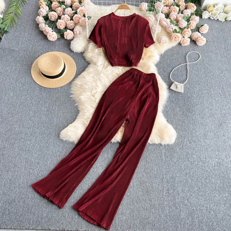 

Women Pajamas Set Short Sleeves Loose Top+ Wide Leg Long Pants Streetwear Ladies Sleepwear Pleated Suits Chic Two Piece Sets