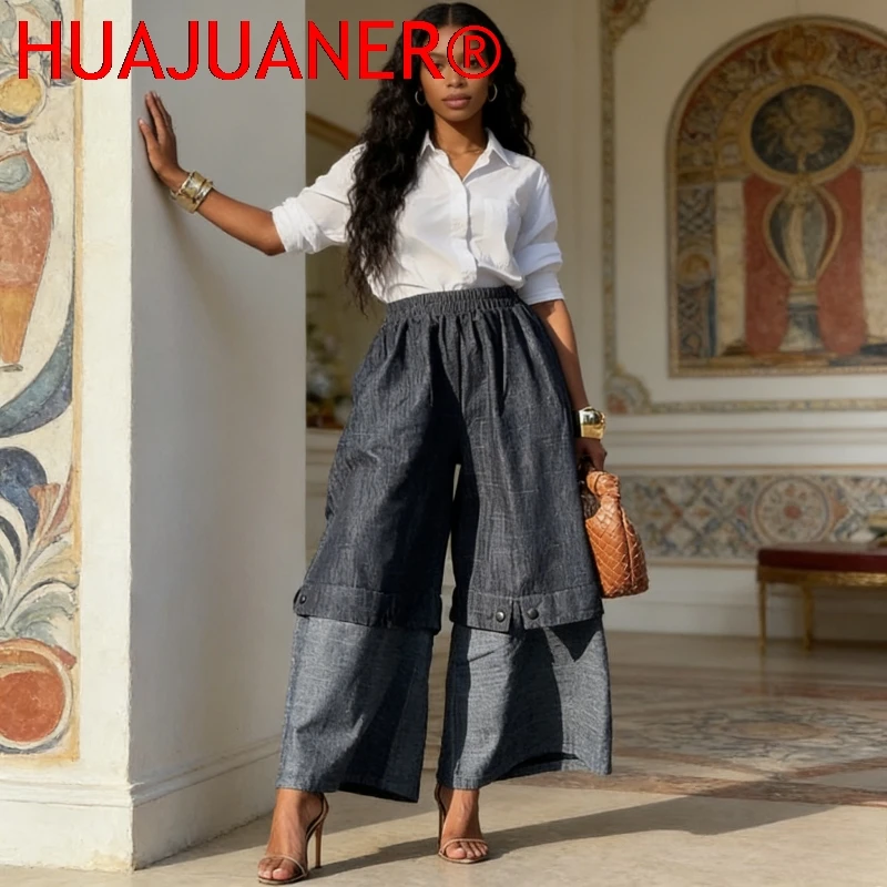 

Wide Leg Pants Women Washed Vintage Jeans Elastic Waist Patchwork Distressed Streetwear Denims Female Loose Trousers 2026