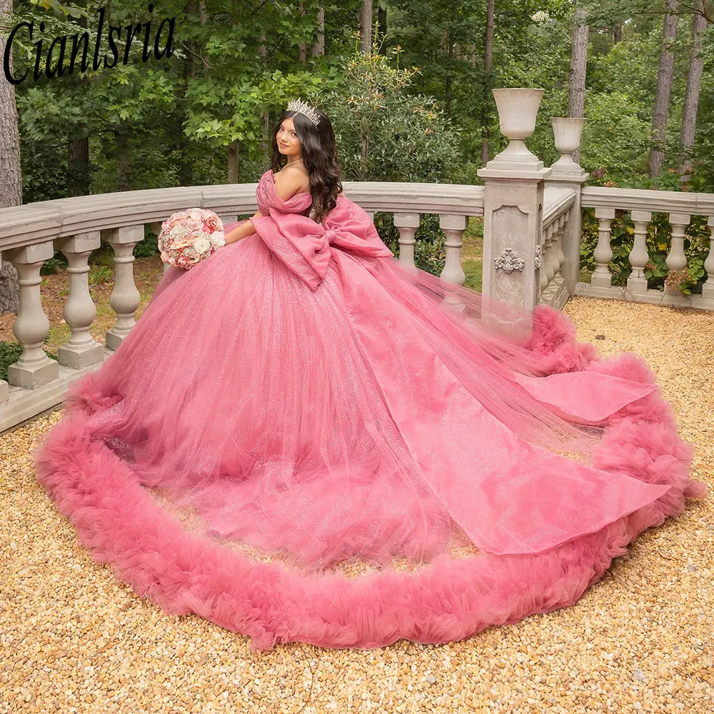 

Glitter Crystal Tulle Pleat Quinceanera Dresses Ball Gown Appliques Lace Bow Mexican Sweet 16 Dresses 15 Anos