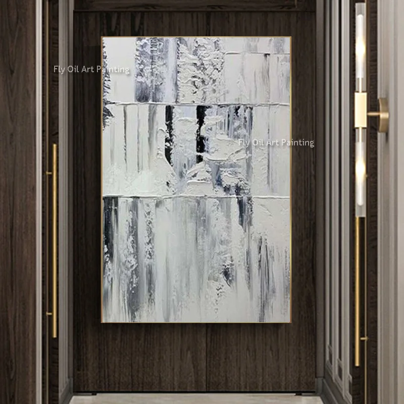Original Gray And White Abstract Canvas Wall Art Simple Design Handmade White Knife Thick Oil Painting For Room Decor As Gifts