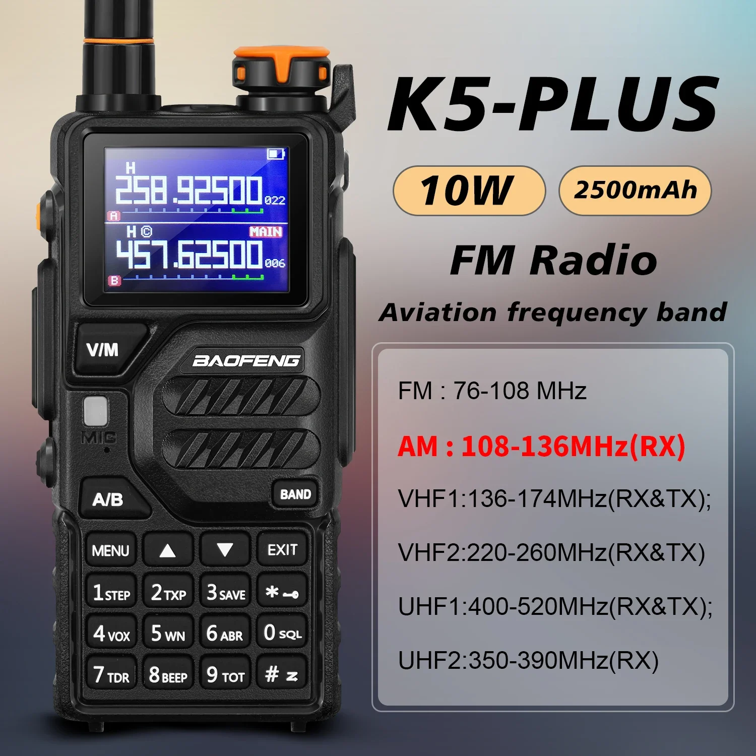 

Baofeng Walkie Talkie K5PLUS Tri-band Transmit Six Bands Receive 999ch Portable Ham Amateur Radio 136-174/220-260/400-480MHz