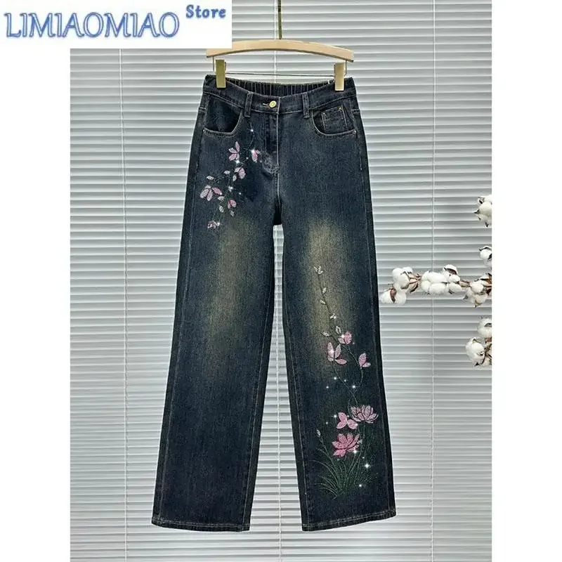 

Новые летние джинсы с вышивкой, женские тонкие джокеры, прямые американские ретро джинсовые широкие брюки, женские
